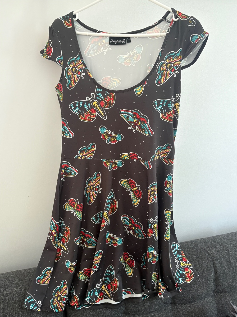 Sourpuss Black moth Print Skater Dress